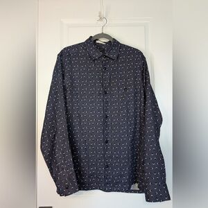 Ted Baker Men’s Arnel Geo Print Button Shirt 100% Linen Navy Blue Size L (4)